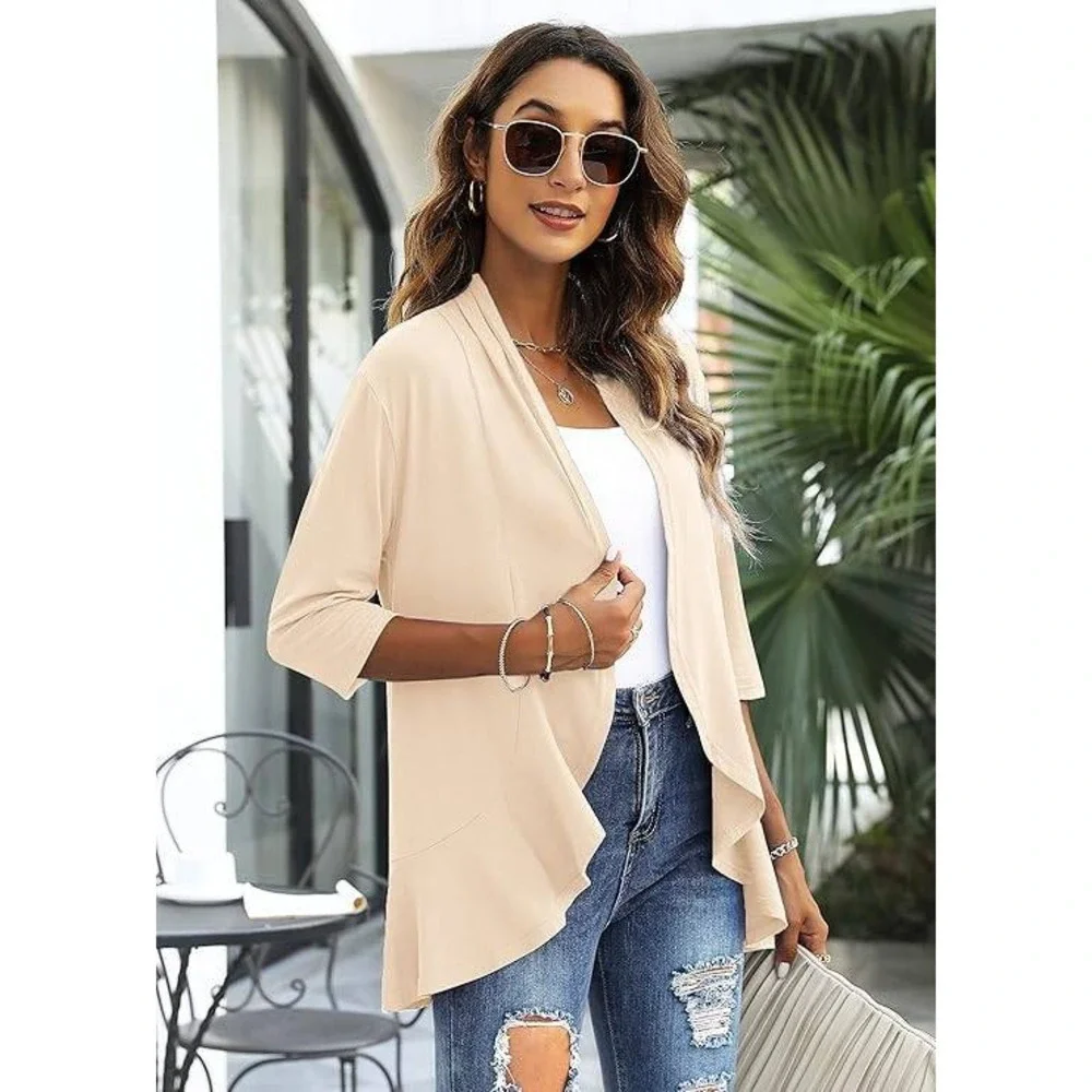 NWT Aoulaydo Women's XL Beige Plus Size Draped Ruffles 3/4 Sleeve Cardigan Open